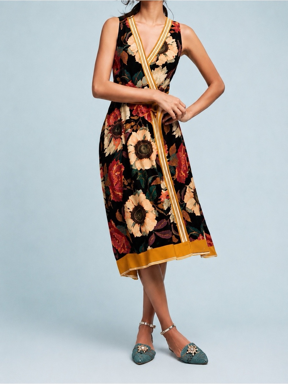 Maeve Anthropologie Floral Black Yellow Wrap Midi Dress Pockets 2